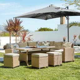 Aston 9 Seater Rattan Corner Sofa Set with Grey Lean Over Parasol with Polywood Table Top - Natural Brown