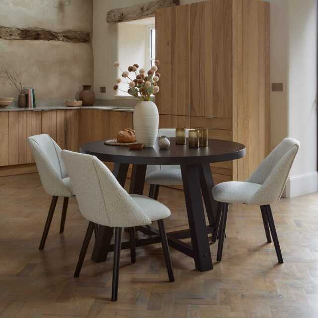 Charlotte Black Oak Round Dining Table Set - 4 Seater - Freya Oat Boucle Dining Chairs- Black Oak Legs - image 1