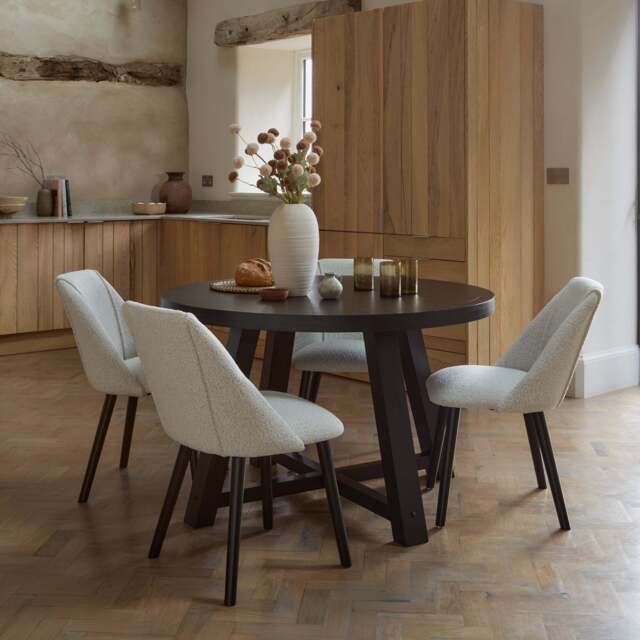 Charlotte Black Oak Round Dining Table Set - 4 Seater - Freya Oat Boucle Dining Chairs- Black Oak Legs - image 1