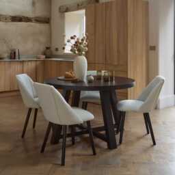 Charlotte Black Oak Round Dining Table Set - 4 Seater - Freya Oat Boucle Dining Chairs- Black Oak Legs - thumbnail 1