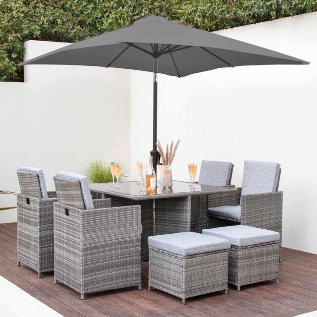 Cube 8 Seater Rattan Outdoor Dining Set with Grey Parasol - Grey Weave - image 1