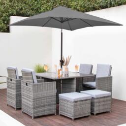 Cube 8 Seater Rattan Outdoor Dining Set with Grey Parasol - Grey Weave - thumbnail 1