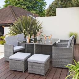 Cube 8 Seater Rattan Outdoor Dining Set with Grey Parasol - Grey Weave - thumbnail 4