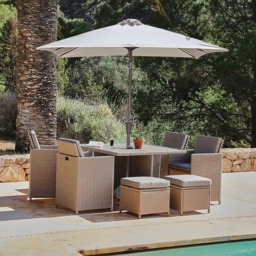 Cube 8 Seater Rattan Outdoor Dining Set with Cream Parasol - Natural Brown Weave Polywood Top - thumbnail 1