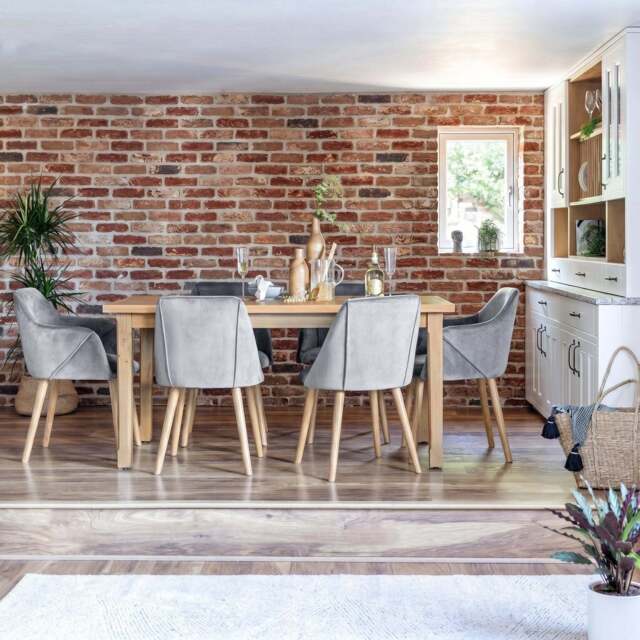 Ella 160cm Pale Oak Dining Table Set - 6 Seater - 4 Freya Dining Chairs with  2 Freya Armchairs - Mist Grey with Pale Oak Legs - image 1