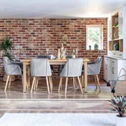Ella 160cm Pale Oak Dining Table Set - 6 Seater - 4 Freya Dining Chairs with  2 Freya Armchairs - Mist Grey with Pale Oak Legs
