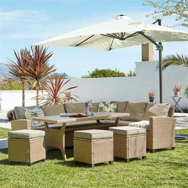 Aston 9 Seater Rattan Corner Sofa Set with Cream Lean Over Parasol with Glass Table Top - Natural Brown - image 1