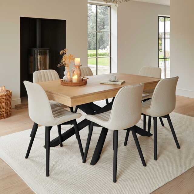 Amelia Whitewash Dining Table Set - 6 Seater - Bella Light Beige Boucle Dining Chairs - Black Legs - image 1