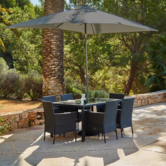 Marston 6 Seater Rattan Garden Dining Set with Grey Parasol - Black - Glass Top - image 1