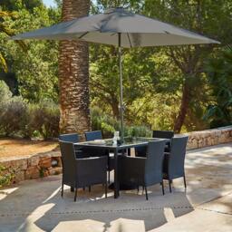 Marston 6 Seater Rattan Garden Dining Set with Grey Parasol - Black - Glass Top
