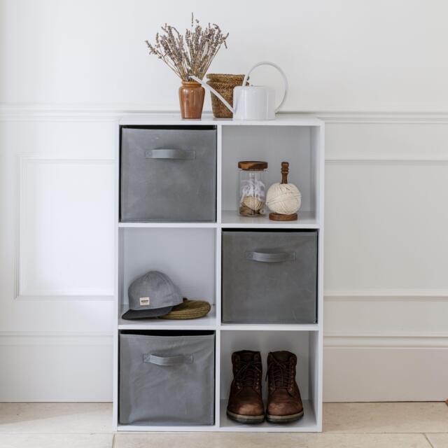 Cara 6 Cube Chalk White Bookcase Wooden Display Unit Shelving Storage Bookshelf Shelves - Grey Basket - image 1