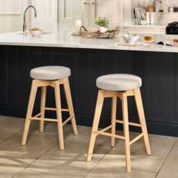 Digby Fawn Linen Swivel Backless Bar Stools - Set of 2 - Whitewash Oak Legs