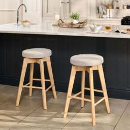 Digby Fawn Linen Swivel Backless Bar Stools - Set of 2 - Whitewash Oak Legs - thumbnail 1
