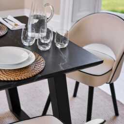 Atlas 160cm Black Marble Veneer Dining Table Set - 6 Seater - Marilyn Dining Chairs - Ivory - Black Piping & Black Legs - thumbnail 6