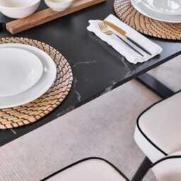 Atlas 160cm Black Marble Veneer Dining Table Set - 6 Seater - Marilyn Dining Chairs - Ivory - Black Piping & Black Legs - thumbnail 5