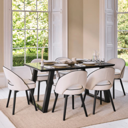 Atlas 160cm Black Marble Veneer Dining Table Set - 6 Seater - Marilyn Dining Chairs - Ivory - Black Piping & Black Legs - thumbnail 1