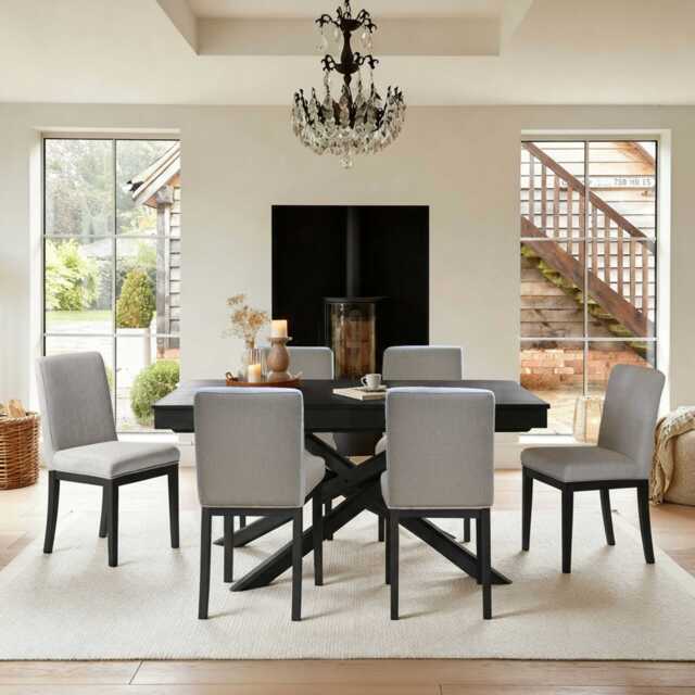 Amelia Black Extending Dining Table Set - 6 Seater - Nolan Fawn Linen Dining Chairs - Black Legs - image 1