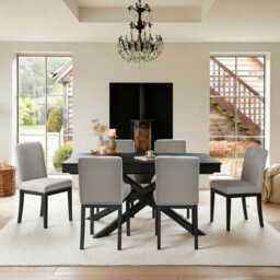 Amelia Black Extending Dining Table Set - 6 Seater - Nolan Fawn Linen Dining Chairs - Black Legs - thumbnail 1