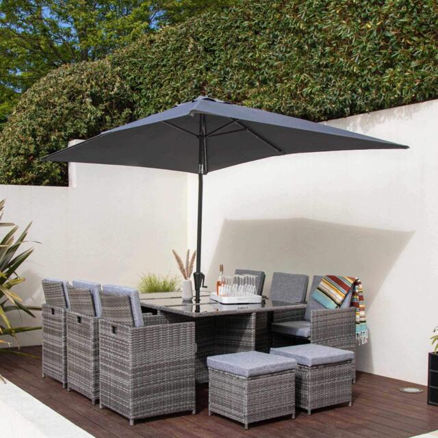 Cube 10 Seater Rattan Outdoor Dining Set with Grey LED Premium Parasol - Grey Weave - image 1