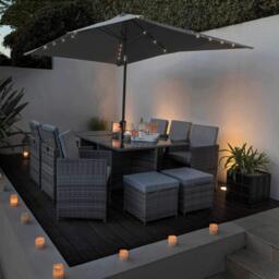 Cube 10 Seater Rattan Outdoor Dining Set with Grey LED Premium Parasol - Grey Weave - thumbnail 3