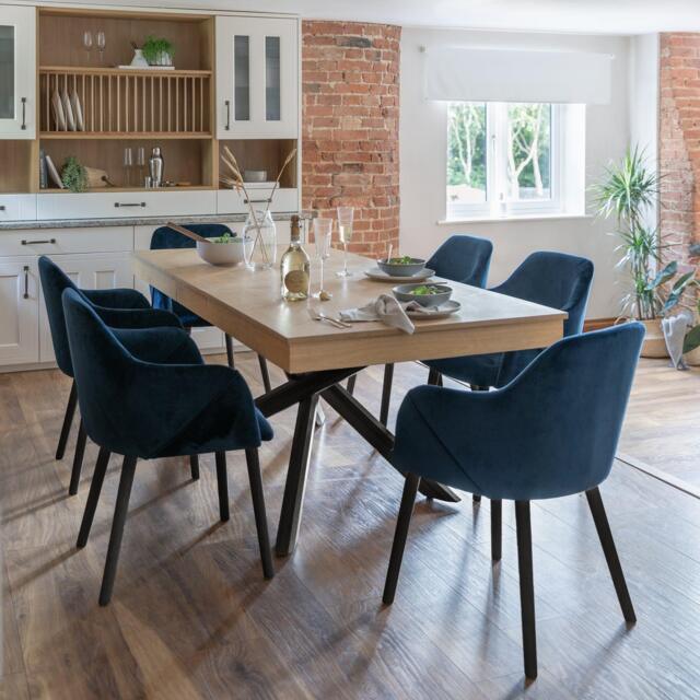 Amelia Whitewash Extendable Dining Table Set - 6 Seater - Freya Blue Carver Chairs - Black Legs - image 1
