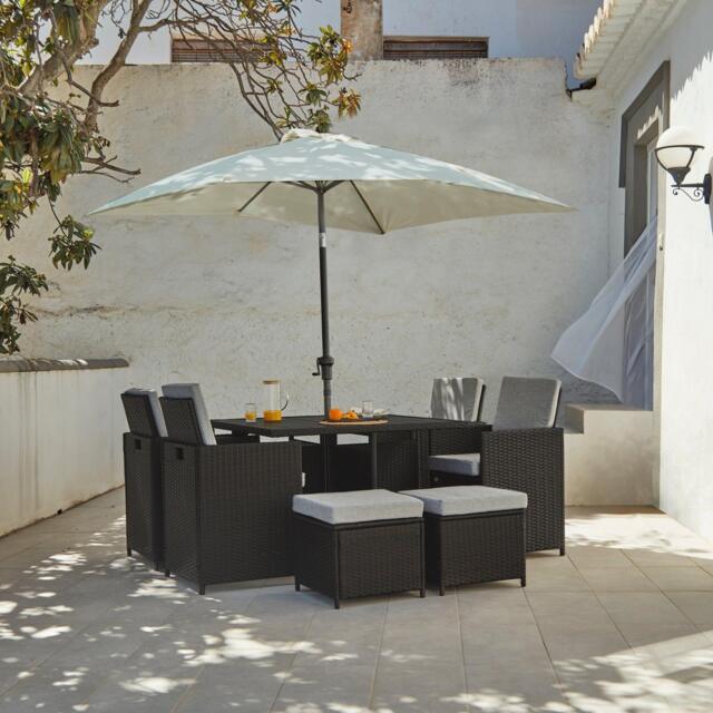 Cube 8 Seater Rattan Outdoor Dining Set with Cream Parasol - Black Weave Polywood Top