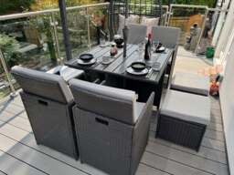 Cube 8 Seater Rattan Outdoor Dining Set with Cream Parasol - Black Weave Polywood Top - thumbnail 4