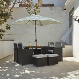 Cube 8 Seater Rattan Outdoor Dining Set with Cream Parasol - Black Weave Polywood Top - thumbnail 1
