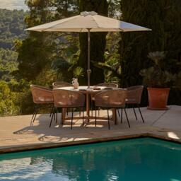 Shiro 6 Seater Wooden Round Dining Table with 6 Hali Natural Rope Chairs & Cream Parasol - 160cm - thumbnail 1