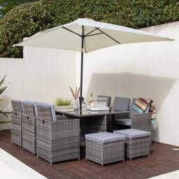 Cube 10 Seater Rattan Outdoor Dining Set with Cream LED Premium Parasol - Grey Weave - thumbnail 1