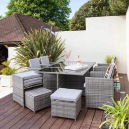 Cube 10 Seater Rattan Outdoor Dining Set with Cream LED Premium Parasol - Grey Weave - thumbnail 6