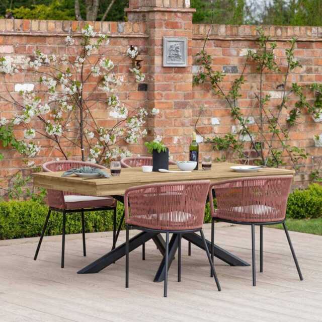 Amelia 4 Seater Wooden Garden Dining Set with 4 Hali Pink Chairs - White Acacia with Black Legs - image 1