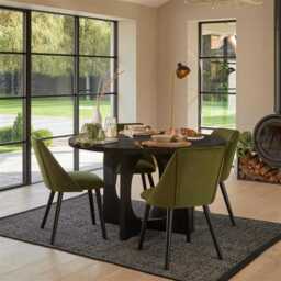 Jade Jet Black Round Acacia Dining Table Set - 4 Seater - Freya Fern Green Dining Chairs - Black Legs