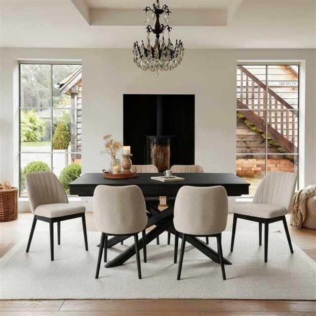 Amelia Black Extending Dining Table Set - 6 Seater - Chloe Light Beige Boucle Dining Chairs - Black Oak Legs - image 1