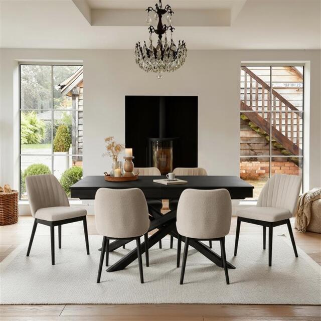 Amelia Black Extending Dining Table Set - 6 Seater - Chloe Light Beige Boucle Dining Chairs - Black Oak Legs - image 1