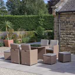Cube 8 Seater Rattan Outdoor Dining Set with Cream Parasol - Natural Brown Weave - thumbnail 2