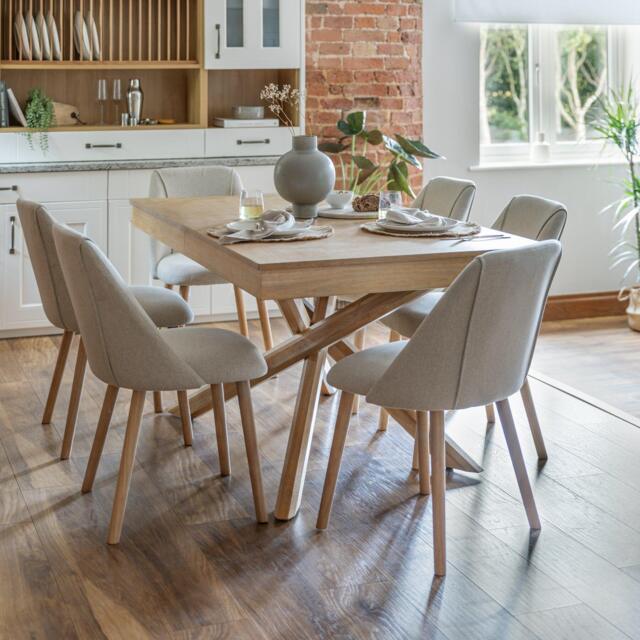 Amelia Whitewash Extendable Dining Table Set - 6 Seater - Freya Sand Dining Chairs - Oak Legs - image 1