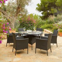 Kemble 6 Seater Rattan Round Garden Dining Table Set - Black - thumbnail 2