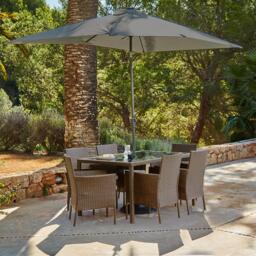 Marston 6 Seater Rattan Garden Dining Set with Grey Parasol - Natural Brown - Glass Top