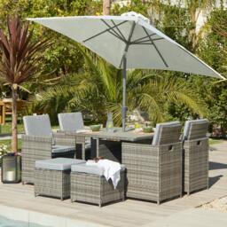Cube 8 Seater Rattan Outdoor Dining Set Cream LED Premium Parasol  - Grey Weave Polywood Top - thumbnail 1