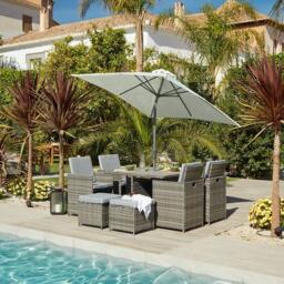 Cube 8 Seater Rattan Outdoor Dining Set Cream LED Premium Parasol  - Grey Weave Polywood Top - thumbnail 3