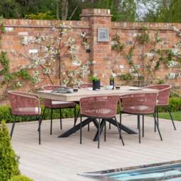 Amelia 6 Seater Wooden Garden Dining Set with 6 Hali Pink Chairs - Light Brushed Acacia with Black Legs