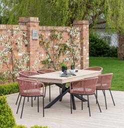 Amelia 6 Seater Wooden Garden Dining Set with 6 Hali Pink Chairs - Light Brushed Acacia with Black Legs - thumbnail 2