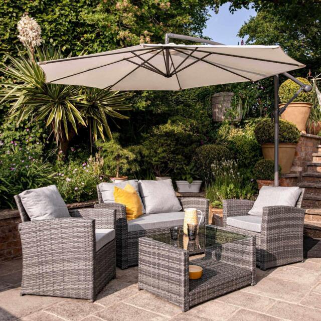 Cote 4 Seater Rattan Garden Sofa Set with Cream Lean Over Parasol - Grey Weave - image 1