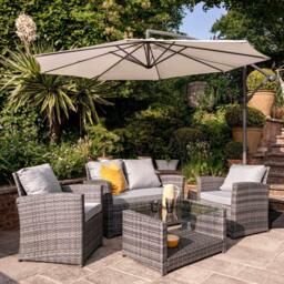 Cote 4 Seater Rattan Garden Sofa Set with Cream Lean Over Parasol - Grey Weave - thumbnail 1