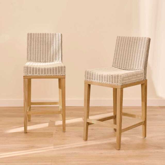 Reid Linen Grey Bar Stools - Set of 2 - Whitewash Mindi Wood Legs - image 1