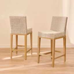 Reid Linen Grey Bar Stools - Set of 2 - Whitewash Mindi Wood Legs - thumbnail 2