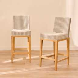 Reid Linen Grey Bar Stools - Set of 2 - Whitewash Mindi Wood Legs - thumbnail 1