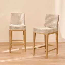 Reid Linen Grey Bar Stools - Set of 2 - Whitewash Mindi Wood Legs