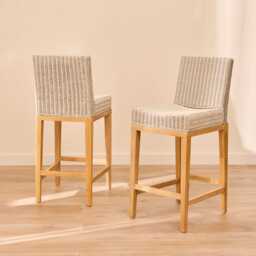 Reid Linen Grey Bar Stools - Set of 2 - Whitewash Mindi Wood Legs - thumbnail 2